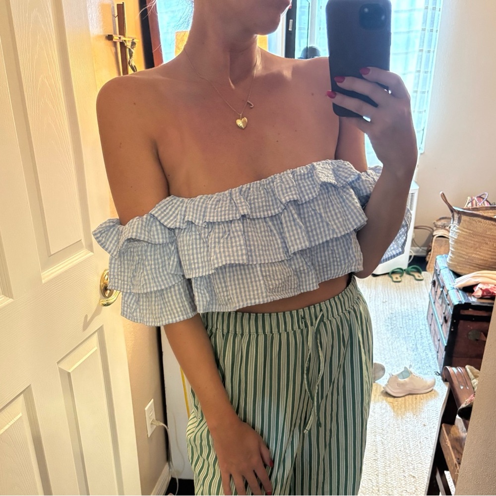 Seersucker blue & white off the shoulder crop top